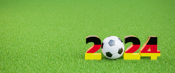 Wall Mural - Soccer events in Germany in 2024 concept. A Soccerball within the digits 2_24  colored with the German flag colors on a green grass surface. Web banner format