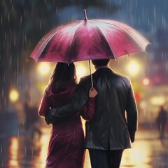 Wall Mural - Woman valentines rain. Close-up portrait of a loving duo walking hand in hand under a vibrant umbrella in the rain - Valentine's Day serenity.. Facing away from view