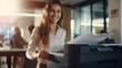 Smiling woman working in office with printer. Office worker prints paper on multifunction laser printer. Secretary work. Copy, print, scan, and fax machine