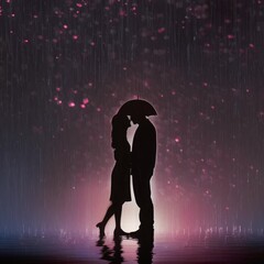 Wall Mural - Woman valentines rain. Silhouette couple in the rain. Love in the rain.... Facing away from view