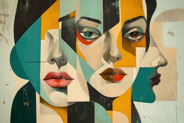 Wall Mural - abstract portrait painting of woman with various faces