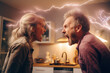 Angry woman and man face to face screaming shouting each other in casual clothes with discharges of flashes between them. Negative emotions. Relationship difficulties, conflict and abuse concept