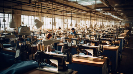Wall Mural - The interior of a clothing and textile workshop with sewing machines. The workspace of a seamstress and a dressmaker. A garment factory on an industrial scale, a large clothing business.