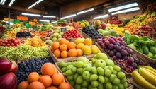 Colorful Fresh Fruit And Vegetable Display At Market