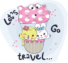 Cute Little Cat And Rabbit In Pink Polka Dot Hot Air Balloon With Text "let's Go Travel" Vector Illustration.
