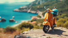 Miniature Toy Yellow Vintage Scooter On The Background Of The Sea And Mountains.