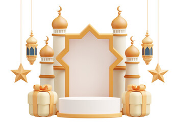 3d ramadan icon with gift box, lantern and star, mosque dome and podium