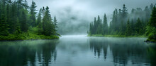 Misty Foggy Covering A Fir Forest, Pine Tree Forest Over A Beautiful Lake. Panorama View.