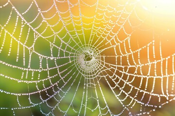 Wall Mural - Glistening spider s web with intricate patterns and vibrant dewdrops illuminated by sunlight.