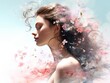 Attractive brunette female model in profile symbolizing the spring season against a background of blooming sakura