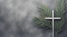 Christian Cross And Green Palm Leaf. Gray Background. Holy Week. Palm Sunday.