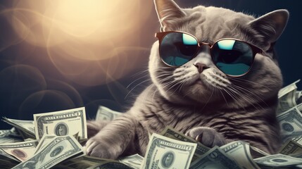 Wall Mural - cat and money, business comcept, dollar, rich, Sunglasses