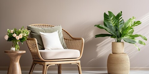 Wall Mural - Minimalistic living room with a stylish rattan armchair, palm leaf, plaid, beige macrame, flowers, and elegant accessories. Wall in eucalyptus color.