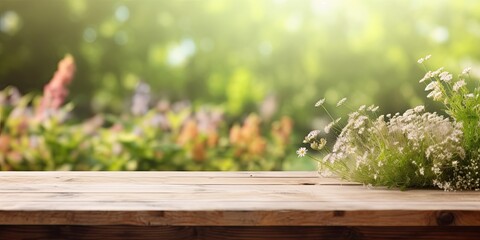 Wall Mural - Product display template with outdoor country theme, featuring wooden table and garden bokeh.