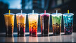 Variety of boba bubble tea. Flavored drinks with tapioca pearl