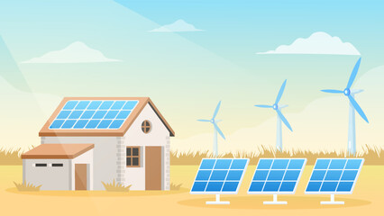 Canvas Print - Solar panels and wind turbines installed as renewable station an energy sources for electricity and power supply.Innovation,Green Energy Source. Alternative Renewable Energy. 