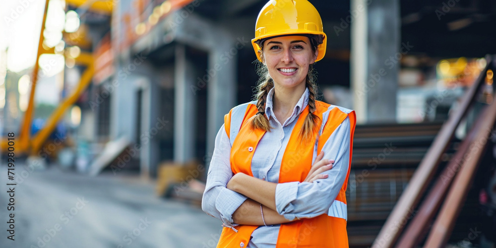 Portrait of smiling female building engineer construction worker ...