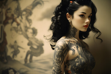 Wall Mural - japenese geisha with tattoos