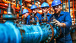Industrial Engineer Working on Pipeline, Technician Inspecting and Maintaining Factory Equipment