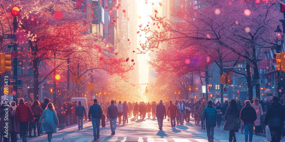 Bustling city street at sunset, blurred motion of a crowded urban scene ...