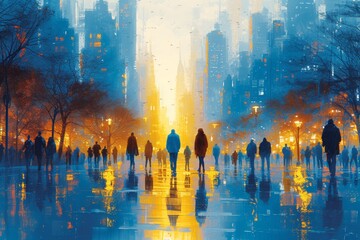 Wall Mural - Rainy urban street depicted in a beautiful abstract painting, capturing the motion and colors of the night.