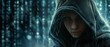 A Mysterious Hacker In A Hooded Cloak Amidst A Dark Matrix Background. Сoncept Mysterious Hacker, Hooded Cloak, Dark Matrix Background