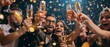 Festive Group Of Individuals Celebrating New Years Eve In Style. Сoncept New Year's Eve Party, Glamorous Outfits, Fun Props, Champagne Toast, Confetti Explosion