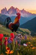 Realistic Image Portraying A Crowing Swedish Flower Roster. The Cockerel Stands On A Stone In The Middle Of The Flowers With Mountains In The Background.