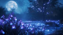 An Ethereal Scene Of Bioluminescent Irises Glowing Softly In The Moonlight, Creating A Magical And Otherworldly Atmosphere. 8K.