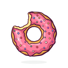 Wall Mural - Bitten Donut with Pink Glaze and Colored Powder. Dessert Street Food. Vector Illustration. Hand Drawn Cartoon Clip Art With Outline. Graphic Element for Design. Isolated on White Background