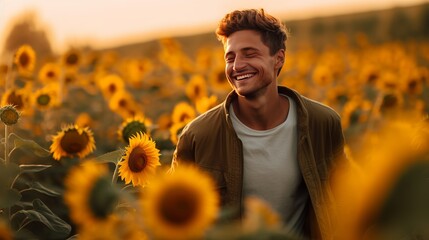Wall Mural - A man is taking a picture with sunflowers on the side.