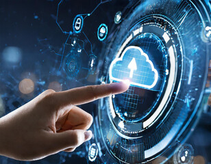 Wall Mural - Cloud technology concept. Computing data storage. Software infrastructure. Hand pressing button.