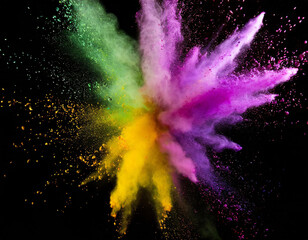 Wall Mural - colored powder explosion. colorful purple, green, gold colors dust on black background. holi paint p