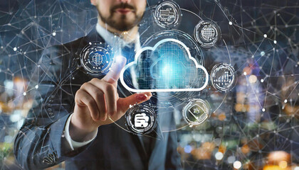 Wall Mural - cloud technology networking processing data storage. businessman pressing button on screen.