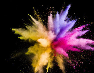 Wall Mural - colored powder explosion. colorful purple, green, gold colors dust on black background. holi paint p