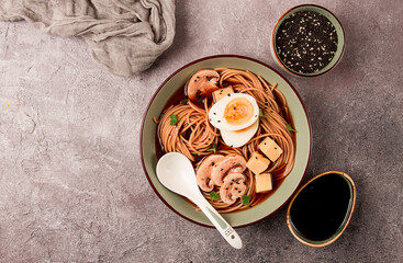 Asian soba soup, with mushrooms and egg, cheese, sesame seeds, homemade, no people,