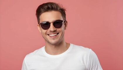 Wall Mural - mockup: full young man wearing sunglasses smiling with blank white t-shirt on a pastel red background, studio shot created with generative ai	