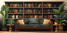Illustration Of Luxurious Lounge With Sofa, Bookcases, And Plants