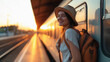 happy young woman in hat and backpack standing on platform of train at station