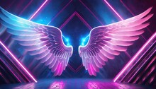 Abstract Neon Angel Wings Illuminated By Pink And Blue Lights On Uv Geometric Background Cyberspace Futuristic Wallpaper