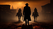 Silhouette Of Cowboy Riding Horse With Desert Sunset Landscape Scene Background Illustration Design.