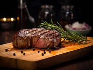 Steak cut on a wooden board with rosemary