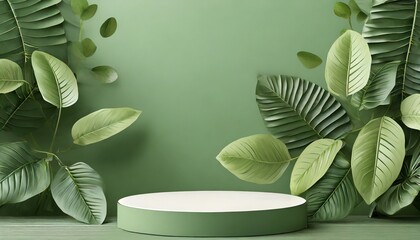 Wall Mural - beauty cosmetic product studio setup product display podium natural leaves on a green background 3d rendering