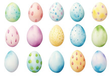 Assorted Watercolor Easter Eggs With Various Patterns On A White Background.