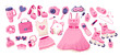 © vik.stock - Barbiecore set with cute pink accessories and clothes. Glamorous things dolls. Vector illustration
