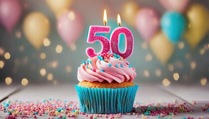 Wall Mural - Birthday cupcake with burning lit candle with number 50. Number fifty for fifty years or fiftieth anniversary.