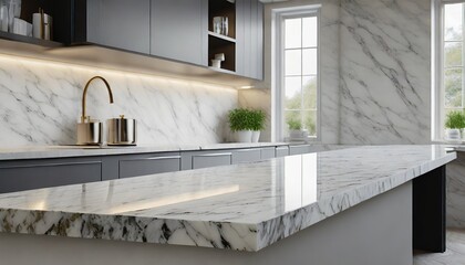 Wall Mural - close up marble granite kitchen counter island for product display on modern bright and clean kitchen space 3d rendering 3d illustration