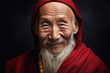 An Elderly Tibetan Monk, wisdom in eyes, traditional maroon robes.