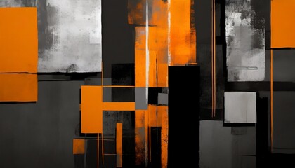 Wall Mural - constructivism dark grungy industrial style abstract art background or cover template black grey and orange blocks of color generative ai artwork