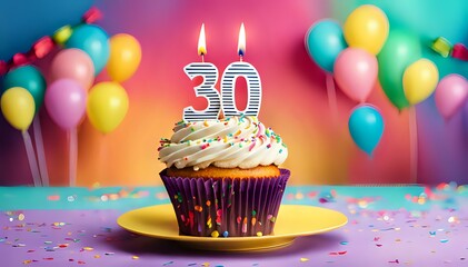 Wall Mural - Birthday cupcake with burning lit candle with number 30. Number thirty for thirty years or thirtieth anniversary.